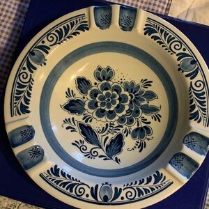 Blue Floral Ceramic Ashtray Charger - Elegant Table Accent